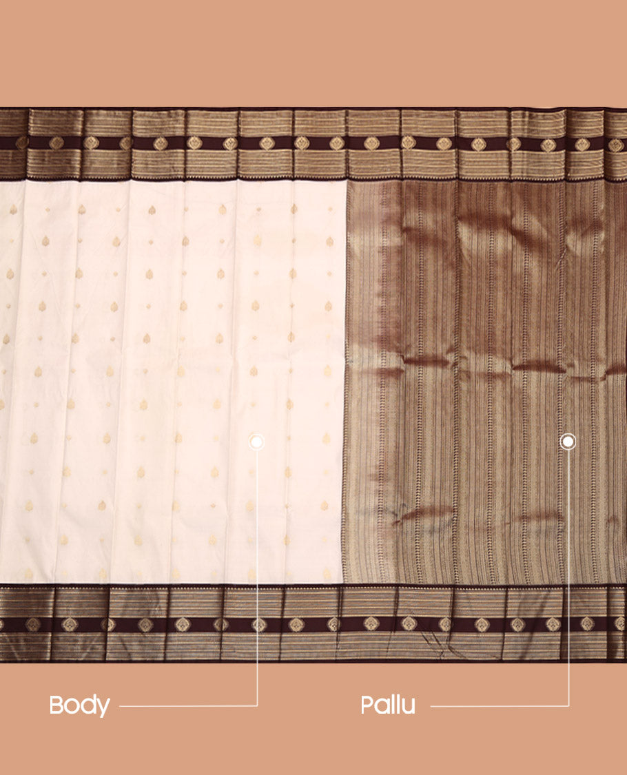 Cream Budget Silk Saree, Highlighted by Zari Buttas on Its Body, Complemented by a Contrast Traditional Zari Design Border, Geometric Patterned Pallu, and Paired with a Contrast Blouse