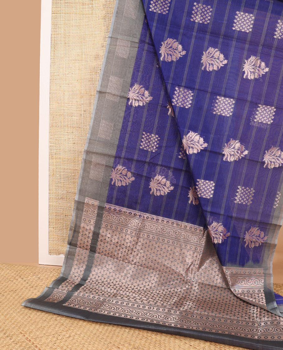 Blue striped, floral design silk cotton saree with contrast geometric design border & floral jaal design pallu