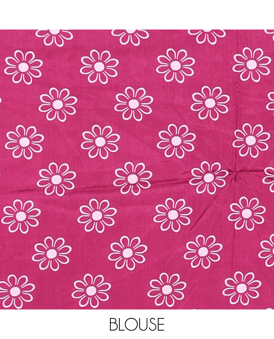 Light pink floral design half saree with contrast border, floral design blouse & floral design dhavani