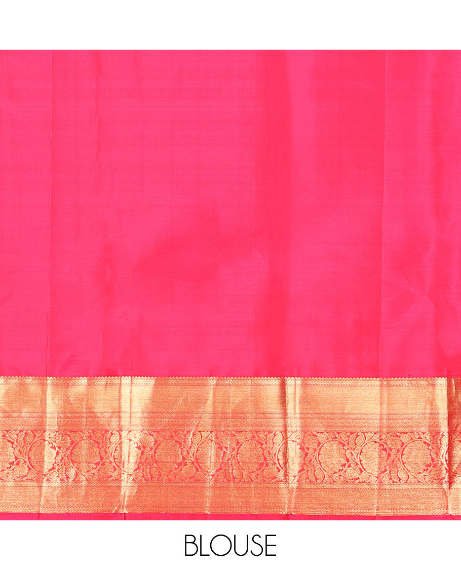 Orange unique zari design kancheepuram silk saree with contrast border of rekku, muthu, kodi visiry design & zari design pallu