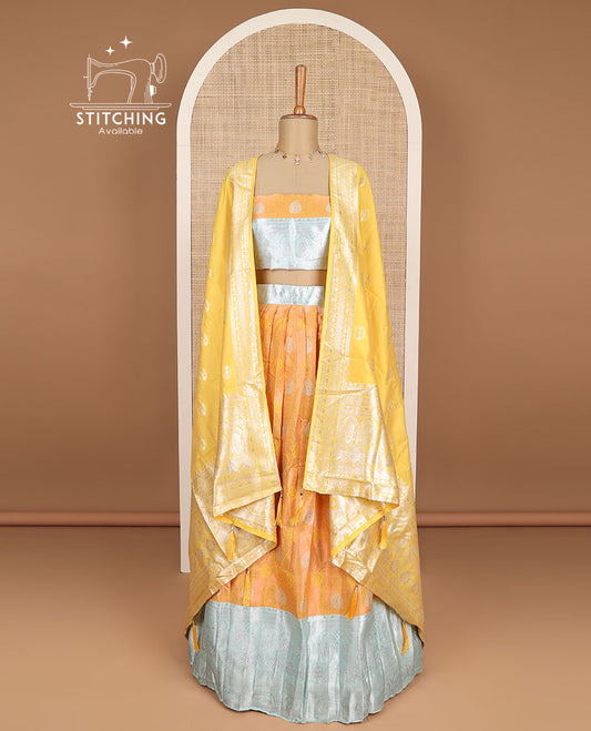 Orange floral design half saree with contrast zari design border , zari design blouse & floral zari design dhavani