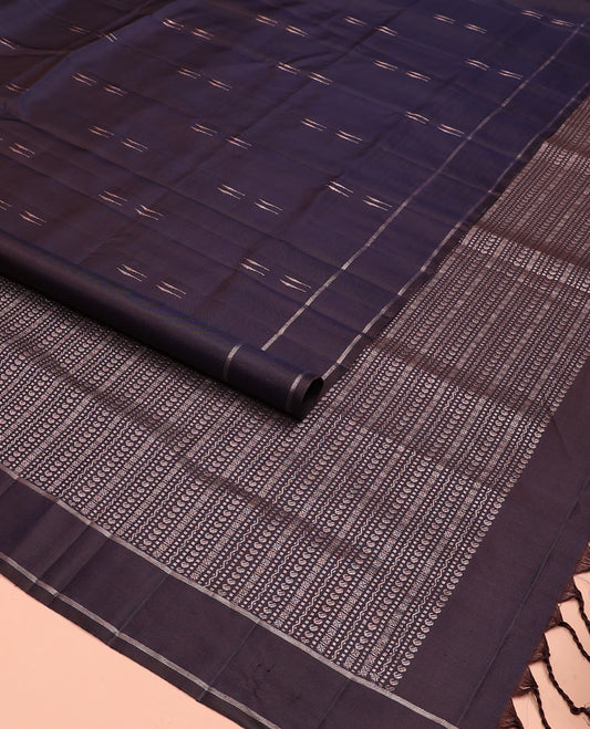 Blue malli mokku buttas soft silk saree, striped border, and pallu of manga, muthu, neli and cross kamalam designs