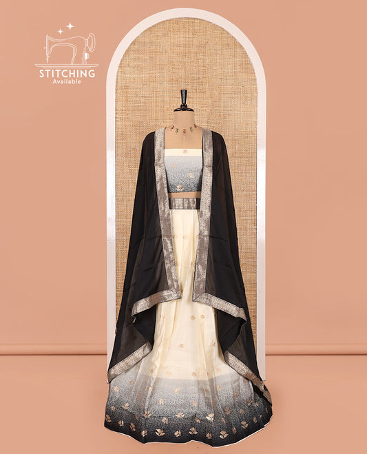 Cream-Black Semi-Silk Half-Saree Featuring Buttas Skirt, Contrast Floral Border, Matching Blouse, Contrast Syska Georgette Dhavani