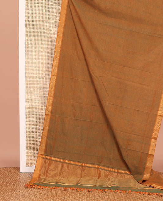 Brown Plain Mangalagiri Cotton Saree, Complemented by Contrast Traditional Zari Border, Gleaming Zari Pallu, and Paired with a Matching Blouse