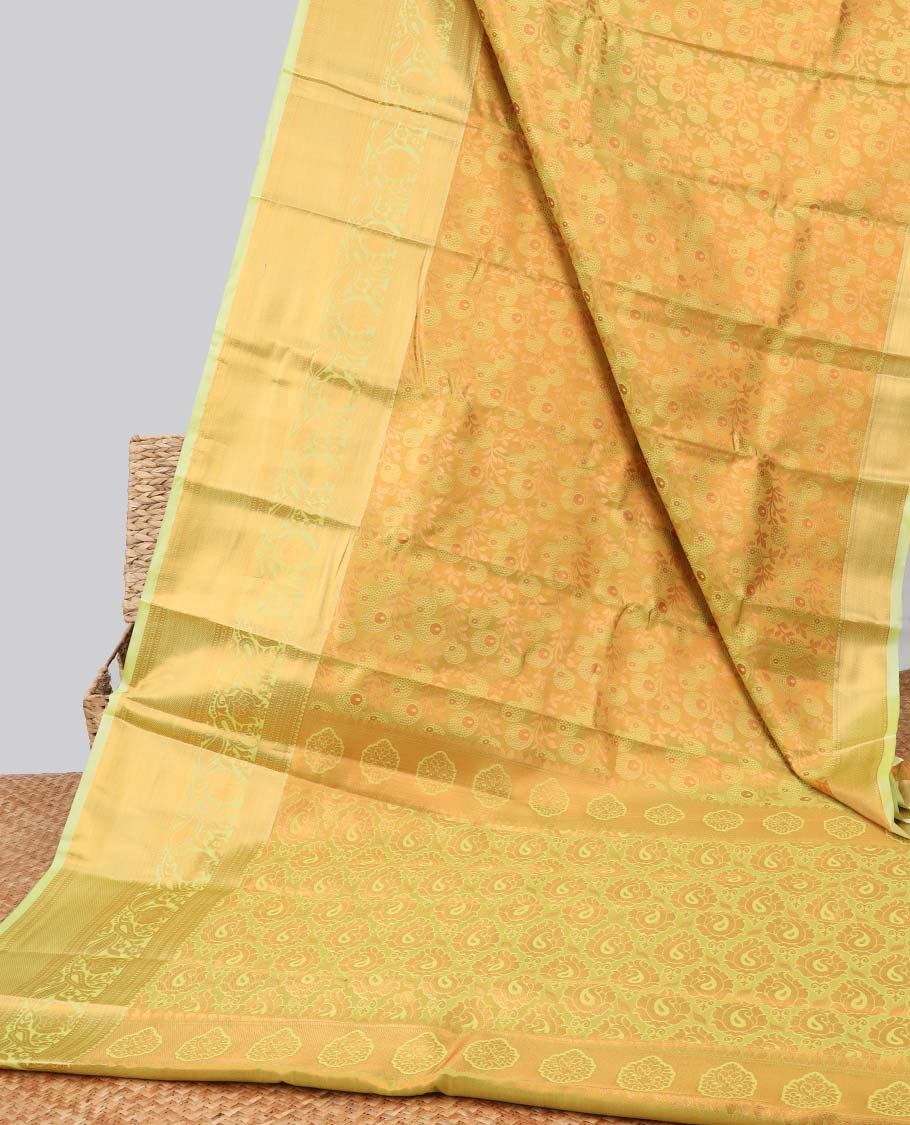 Yellow  floral jacquard budget silk saree with contrast floral zari border & pallu of paisley design