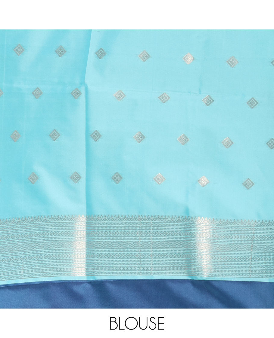 Blue hummingbird zari buttas Mulberry silk saree, contrast hummingbird motifs temple border, intricate pallu, and contrast zari design blouse