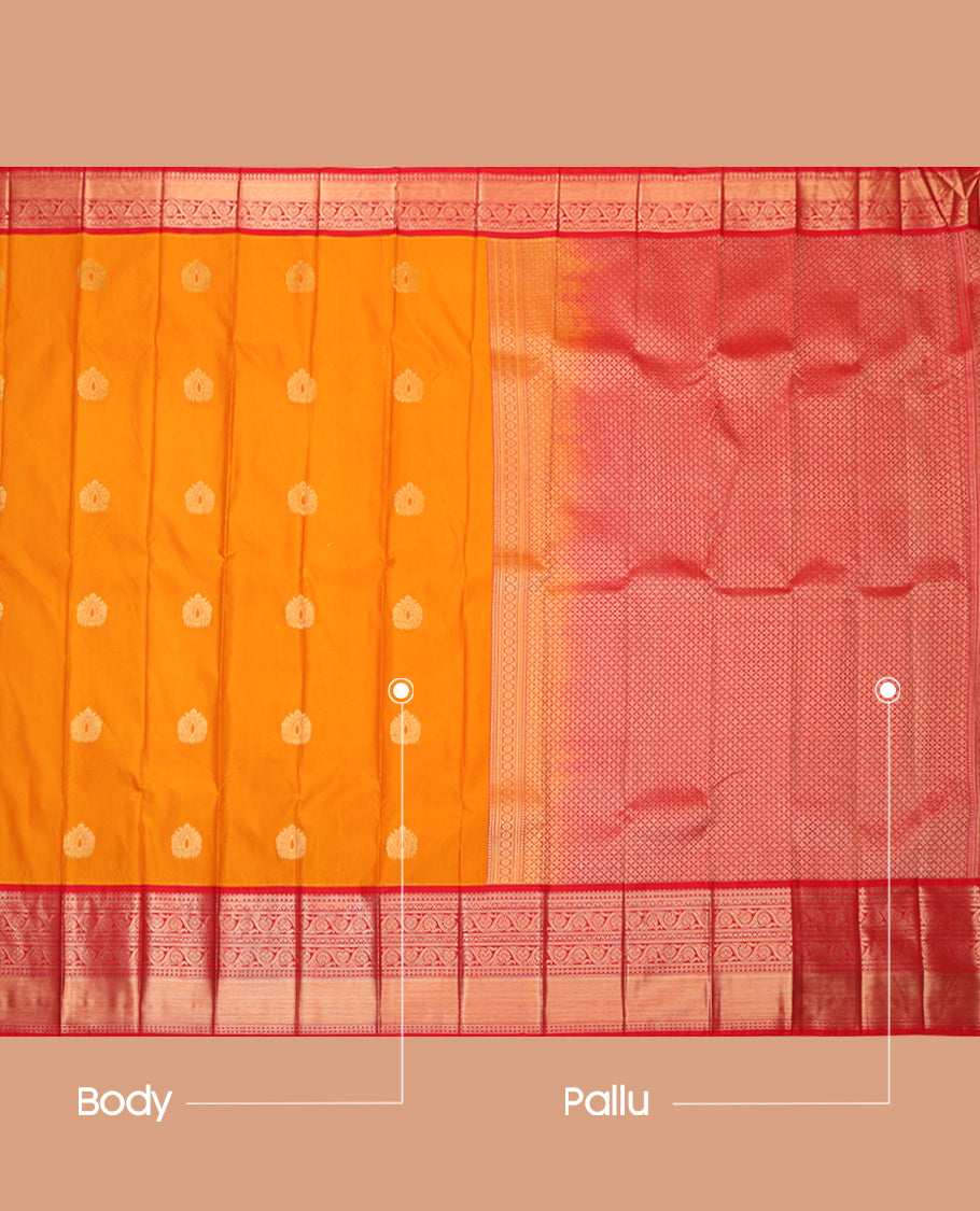 Orange Budget Silk Saree, Mesmerized with Zari Buttas, Complemented by a Contrast Traditional Zari Border, Grand Jaal Pallu, and Contrast Blouse