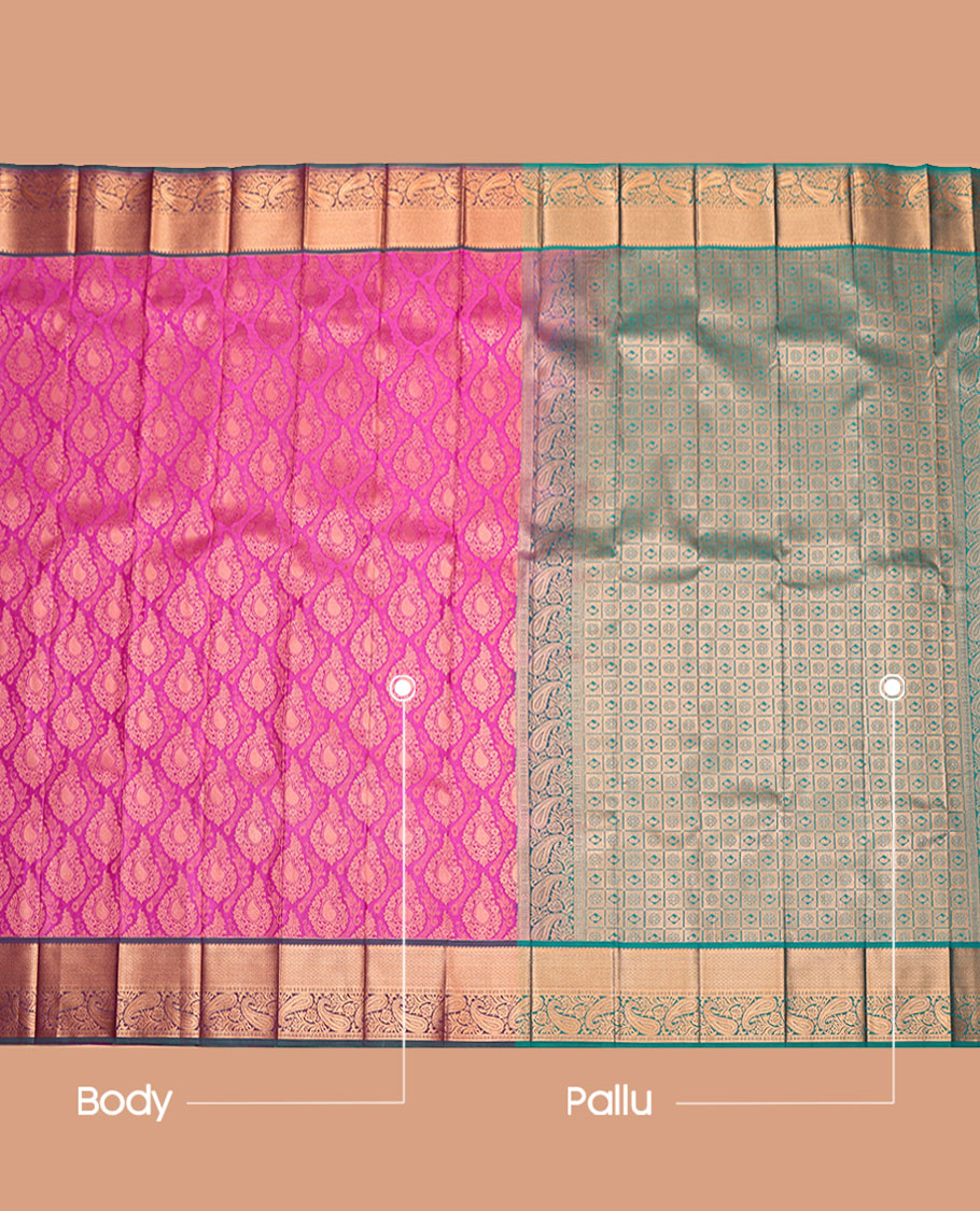 Pink Budget Silk Saree, Enthralled with Jacquard Design, Complemented by a Contrast Paisley Zari Border, Grand Pallu, and a Contrast Blouse