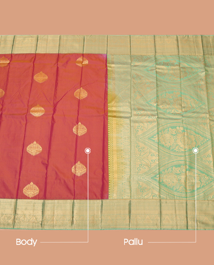 Orange Budget Silk Saree, Detailed with Zari Buttas, Complemented by a Contrast Traditional Zari Border, Grand Pallu, and a Contrast Blouse