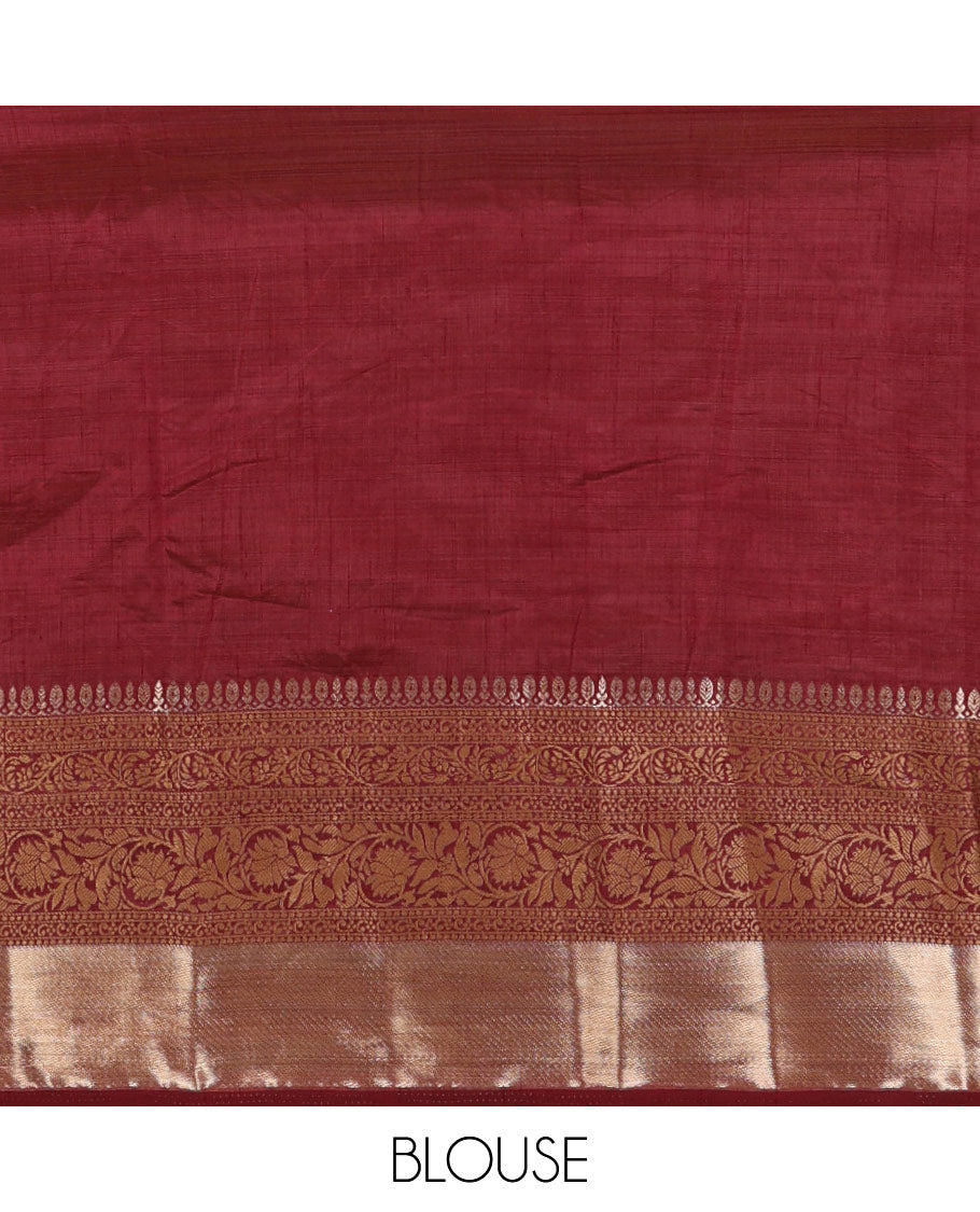 Purple plain tussar saree, traditional zari design border, pallu of zari stripes & matching traditional motif border blouse