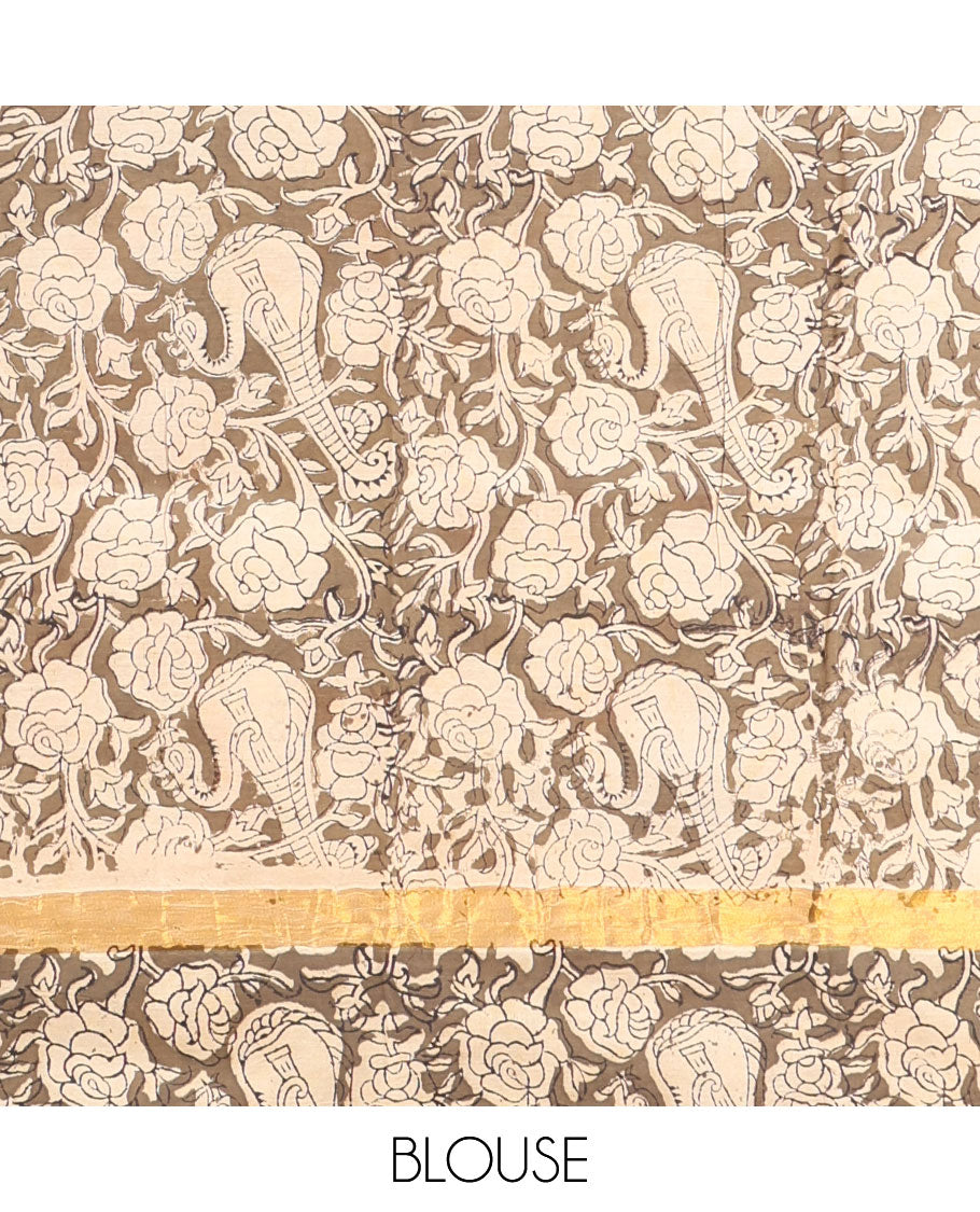Multi-color floral animal motifs machine-printed kalamkari cotton saree with contrast floral design border & peacock design pallu