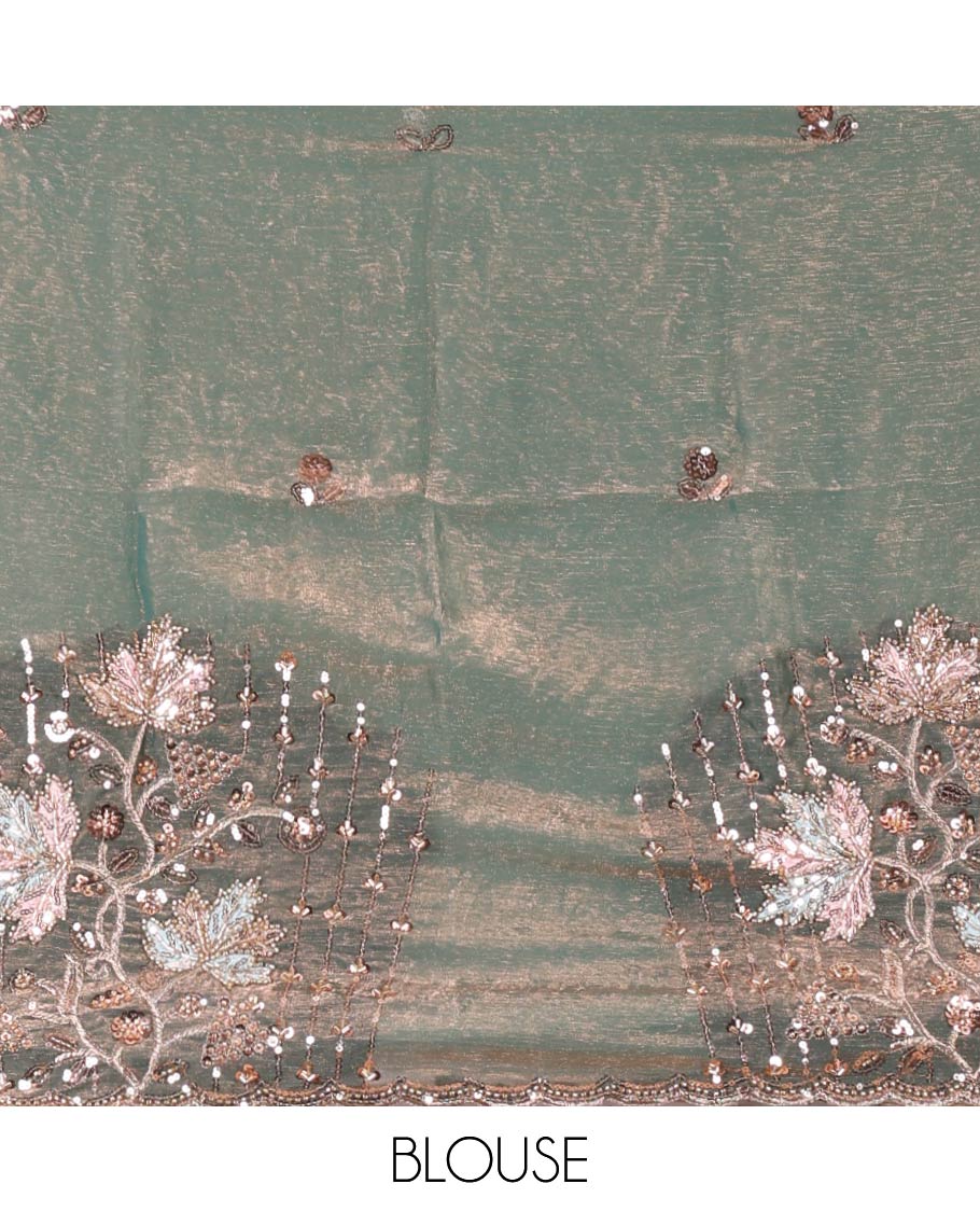 Blue Swarovski stone work embedded fendy-chiffon saree, scallop lace border & floral mixed embroidered blouse