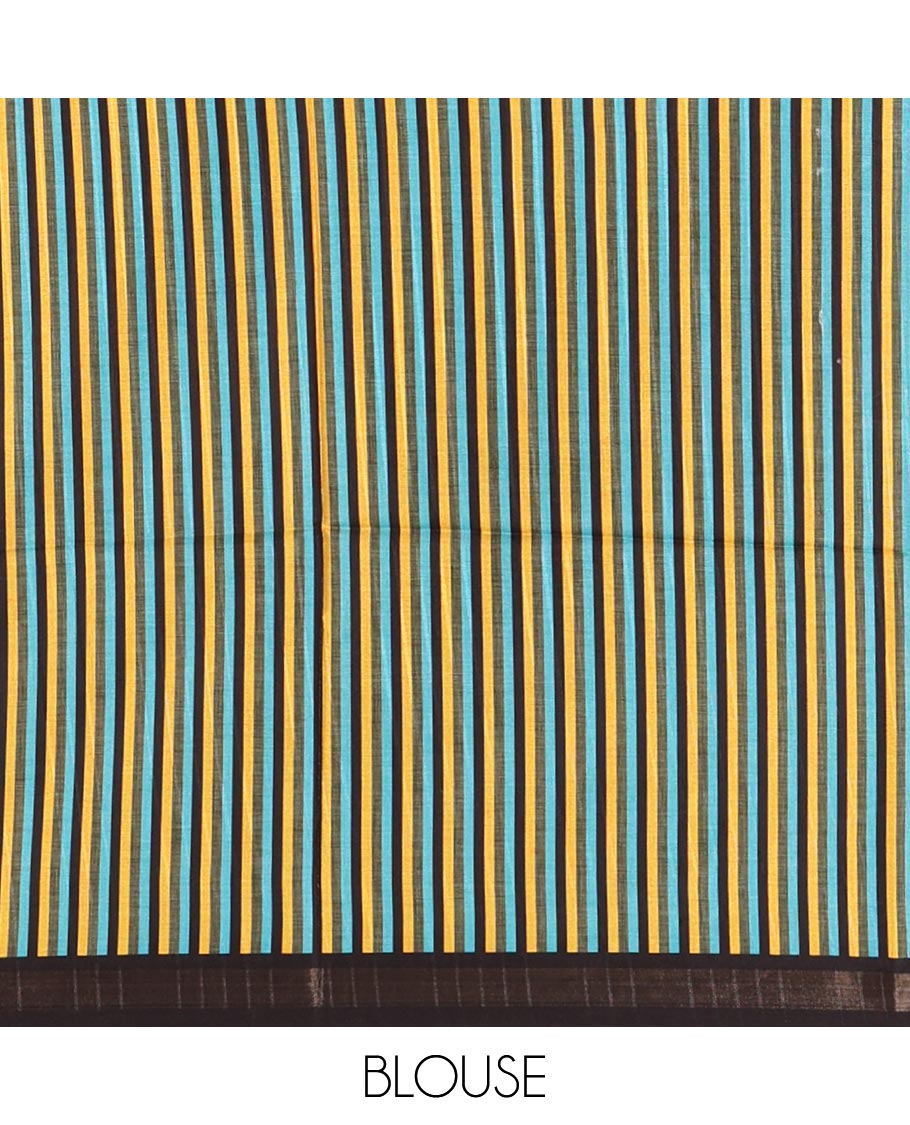 Metallic grey checked katan silk saree, contrast black-blue temple border, multi-color blocked pallu & stripes printed blouse