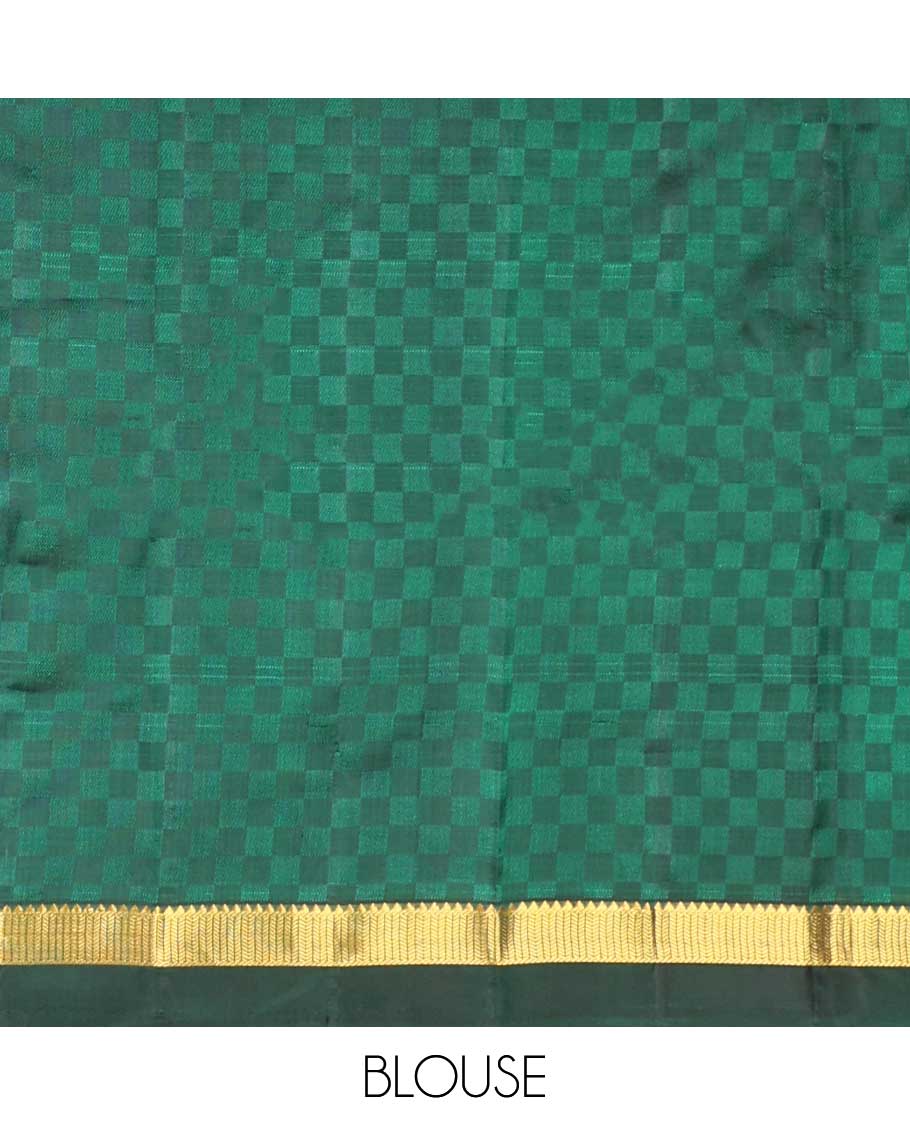 Green checked kancheepuram silk saree with contrast temple border & checked design pallu