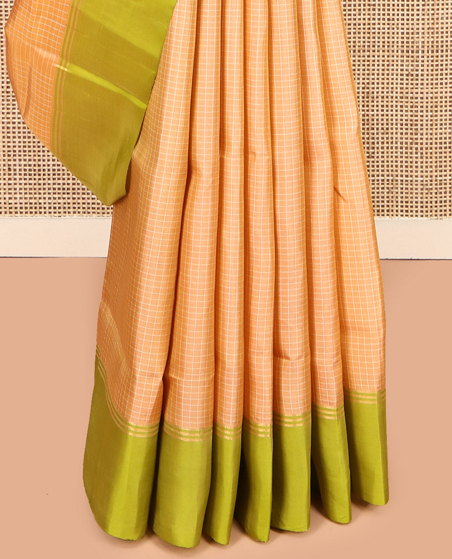 Peach Mayuri Lite Silk Mix Saree, Subtly Sparkled With Zari Buttas and Checks, Complemented by Contrast Border, Intricate Pallu and a Contrast Blouse
