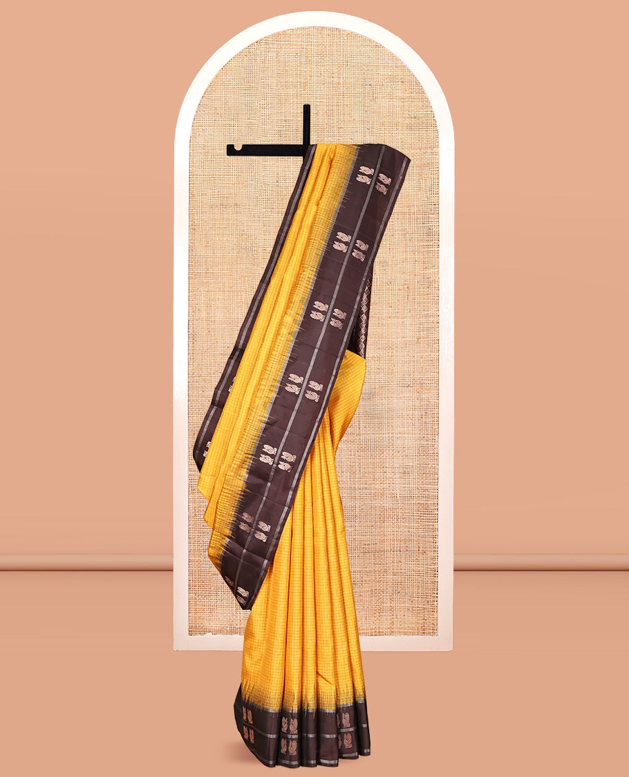 Yellow Checked Kanchipuram Silk Saree, a Contrast Border of Peacock Buttas, Grand Jaal Pallu, and a Contrast Blouse