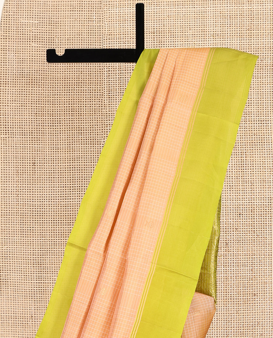 Peach Mayuri Lite Silk Mix Saree, Subtly Sparkled With Zari Buttas and Checks, Complemented by Contrast Border, Intricate Pallu and a Contrast Blouse