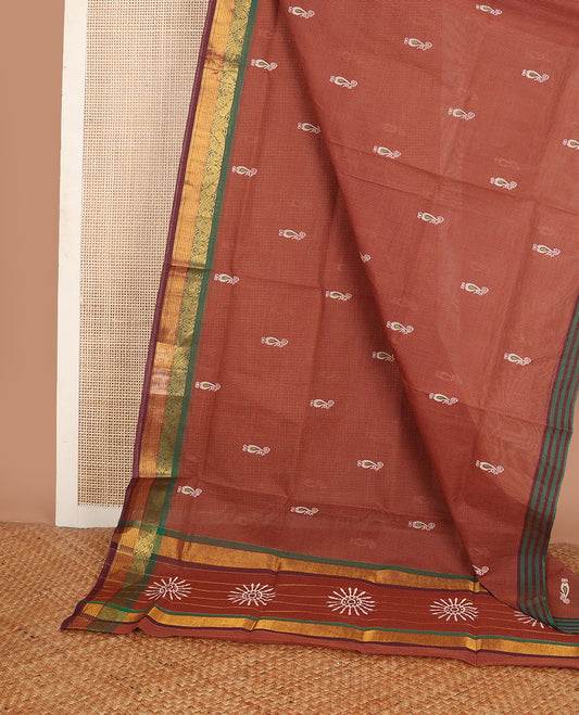 Brown micro-checked & peacock buttas Andhra cotton saree, contrast traditional border & chakra motif pallu