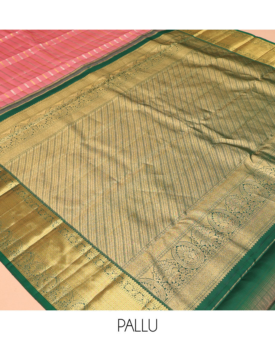 Pink Vasundhara Silk Saree, Embellished with Zari Stripes, a Contrast Border of Jaal, and Chakram Designs, a Diagonally Striped Pallu, and a Contrast Blouse