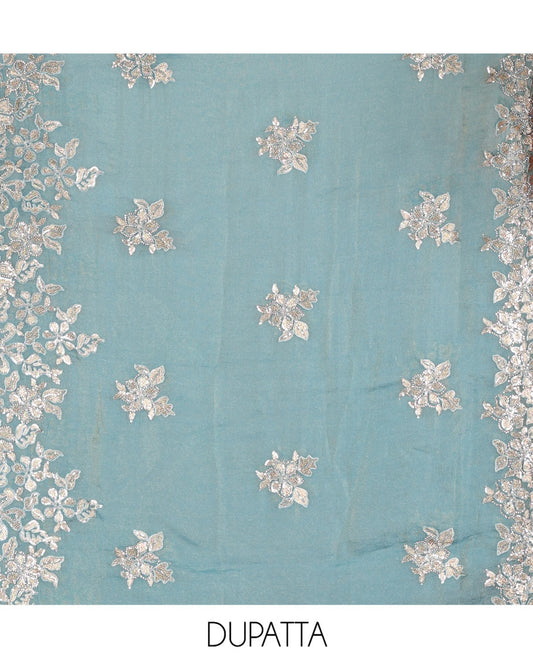 Blue Material Churidar Set, Artfully Detailed with an Floral Motifs Embroidered on Its Nc Moss Organza Top, Plain Santoon Bottom, and Nc Moss Organza Scallop Dupatta of Floral-Leaf Embroidery