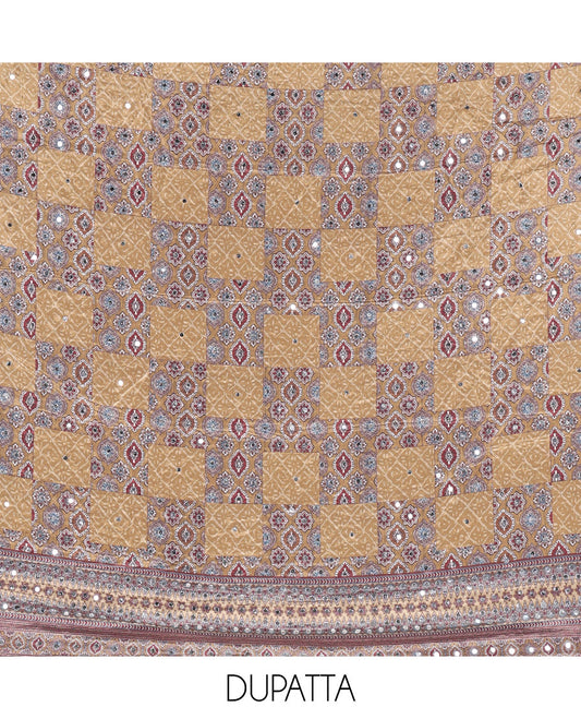 Olive green material chudidar set, intricately printed with neck mirror work crepe top, Italian crepe bottom, and digital printed mirror work chinon dupatta