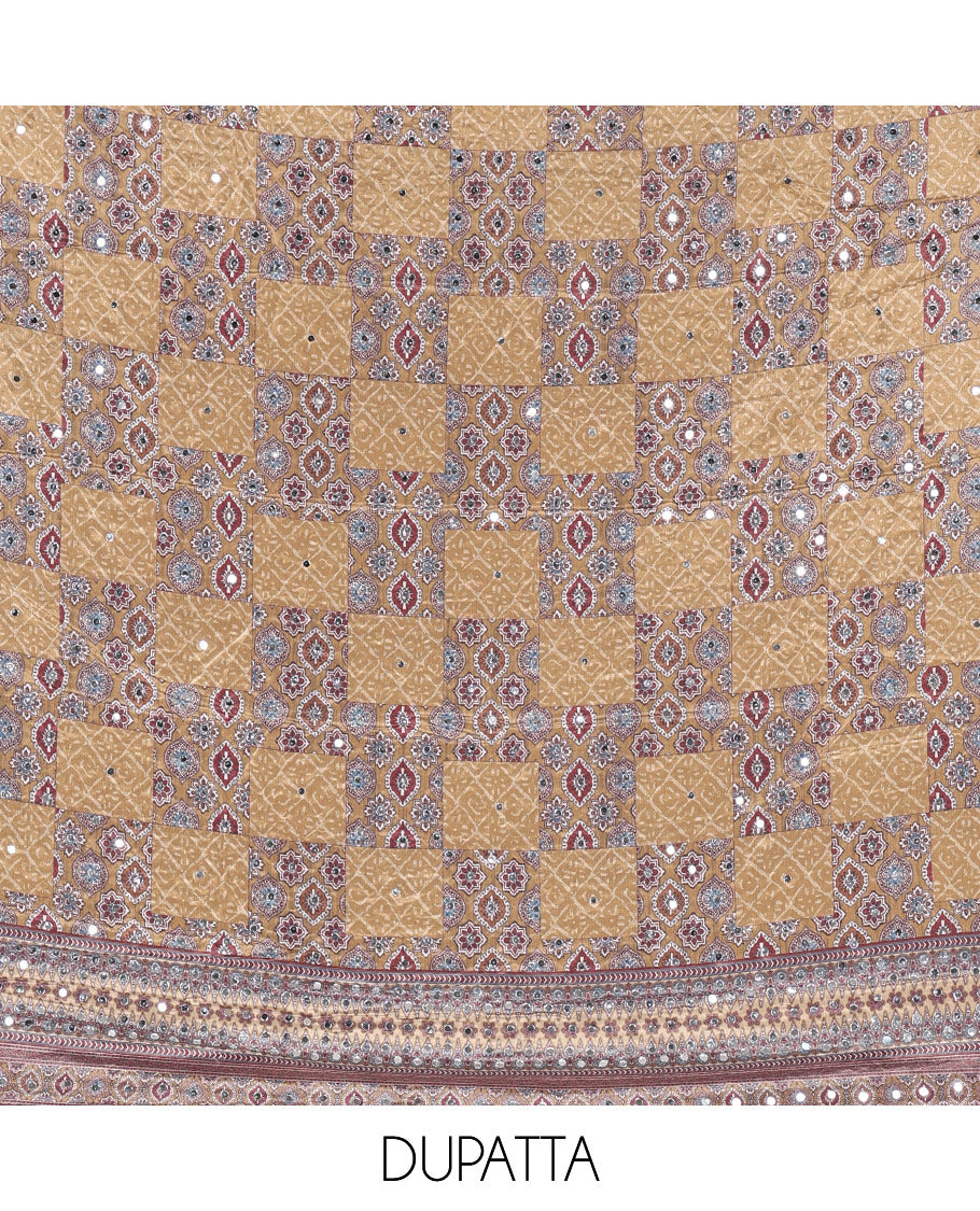 Olive green material chudidar set, intricately printed with neck mirror work crepe top, Italian crepe bottom, and digital printed mirror work chinon dupatta