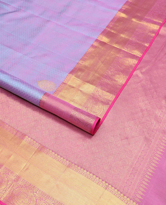 Purple leaf design silk saree with contrast border of thilakam mooku, muthu, banaras, paun & jaal design pallu