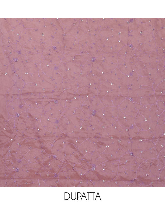 Lavender material chudidar set,floral-geometric print & outline embroidery organza top,plain bottom & floral vine sequins embroidery dupatta
