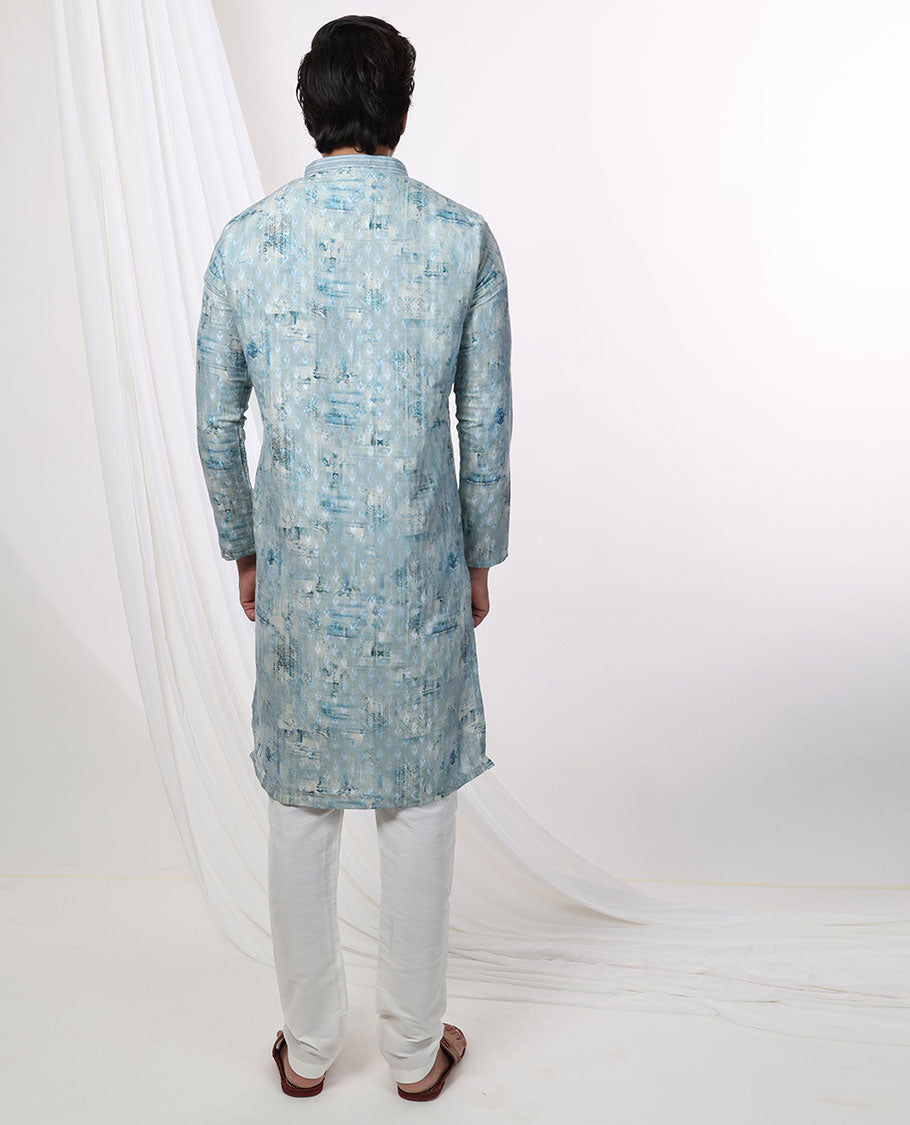 Light blue abstract design mandarin collar & full-sleeve long raw silk kurta