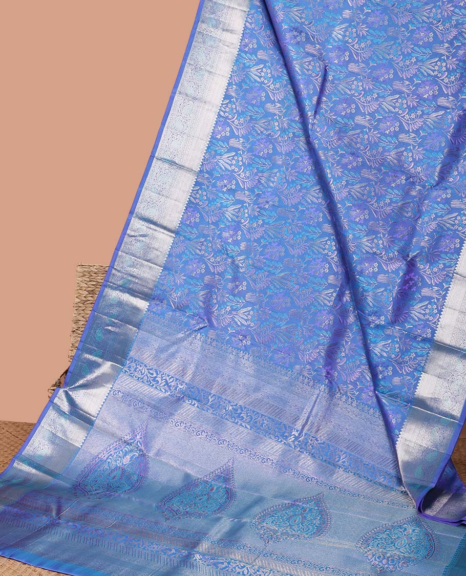 Blue floral jacquard kancheepuram silk saree with self zari design & taditional zari design pallu