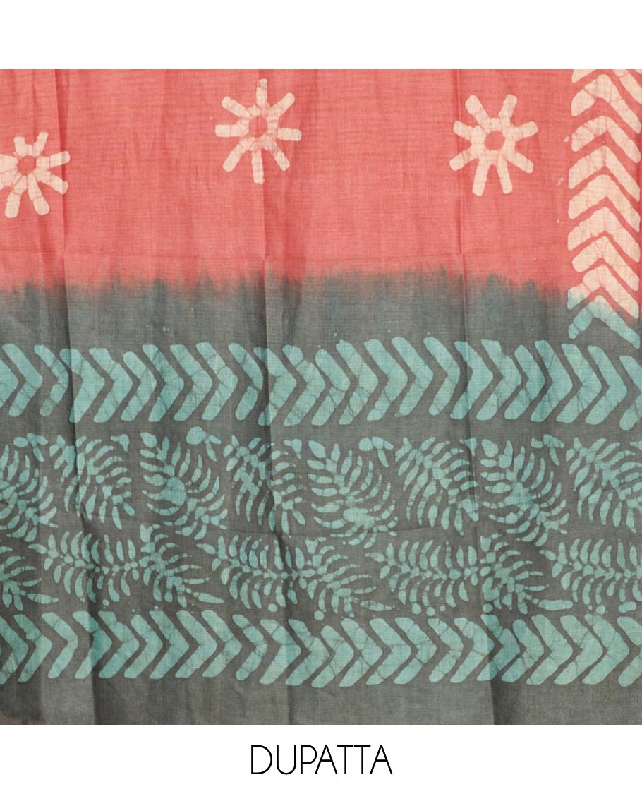 Grey with pista color batik leaf design print bhagalpur cotton chudidhar material top with batik print cotton pants & batik leaf design print mul mul dupatta