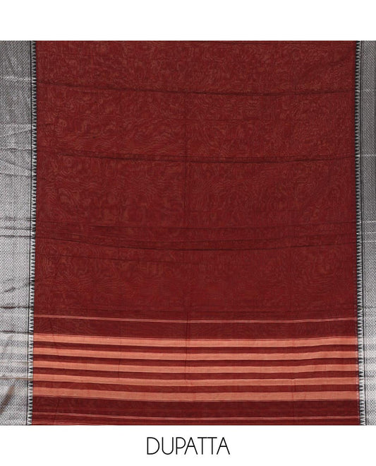Maroon mercerized cotton material chudidar set,vertical striped contrast border top, matching threadwork bottom & traditional border matching dupatta