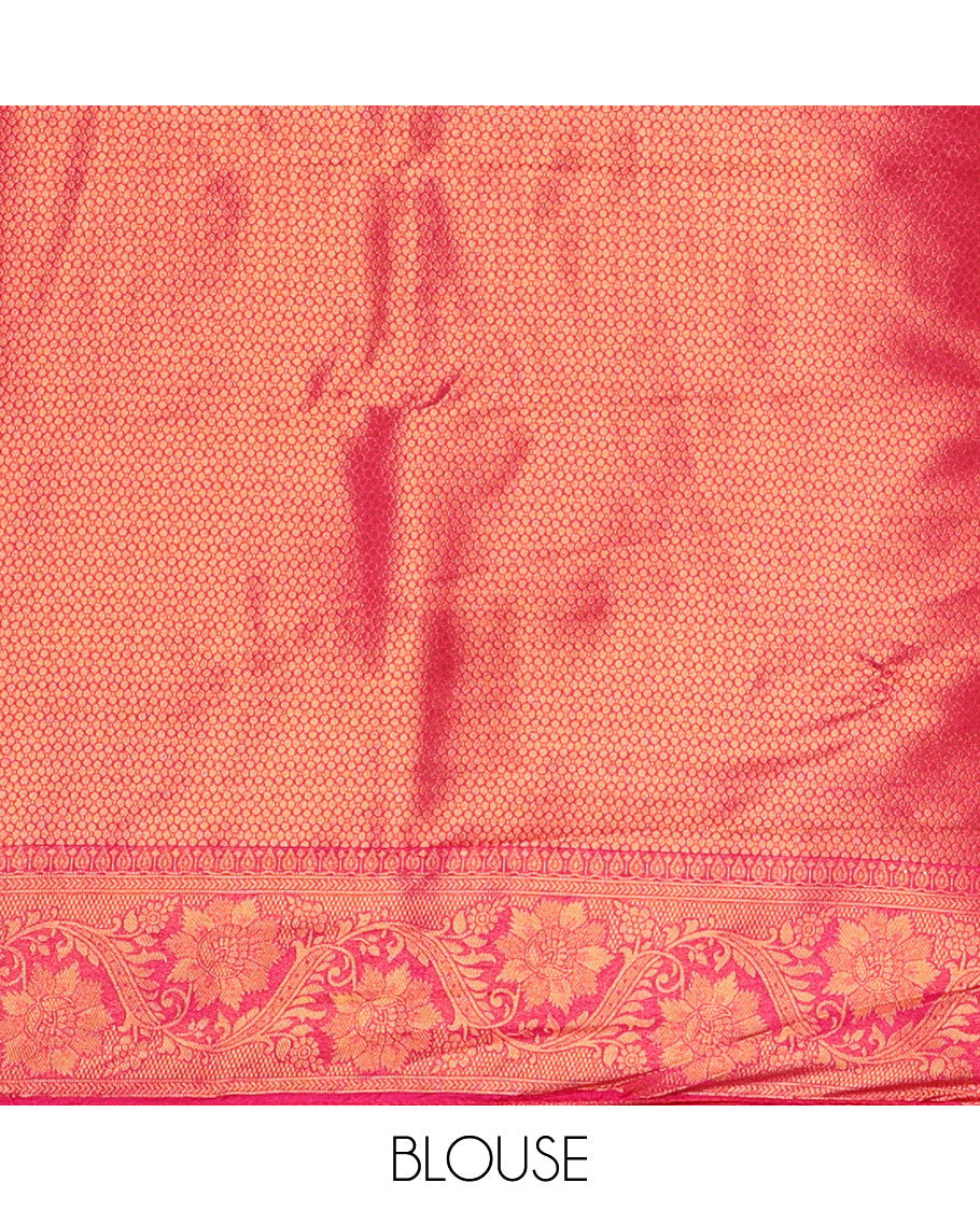 Cream-rani pink half-saree, zari jacquard & contrast traditional zari border banaras softy skirt, semi-banaras jacquard blouse & contrast zari design blouse