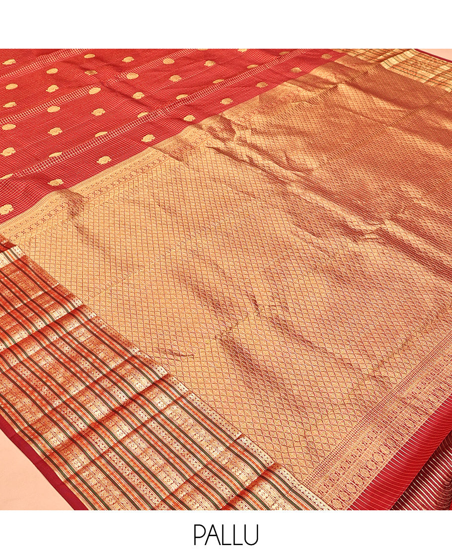 Red Kanchipuram Silk Saree, Woven with Zari Buttas and Checks, a Zari Jacquard Border, Jaal Pallu, and a Matching Blouse