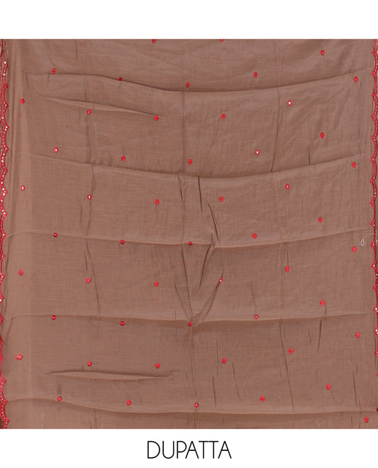Brown-Red Mul Chanderi Material Churidar Features Floral Embroidered Top, a Matching Bottom, and an Embroidered Scallop Dupatta