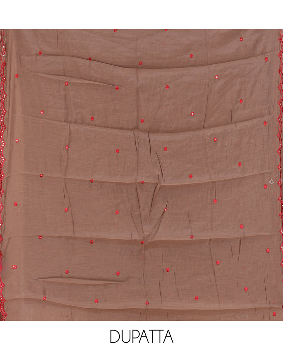 Brown-Red Mul Chanderi Material Churidar Features Floral Embroidered Top, a Matching Bottom, and an Embroidered Scallop Dupatta