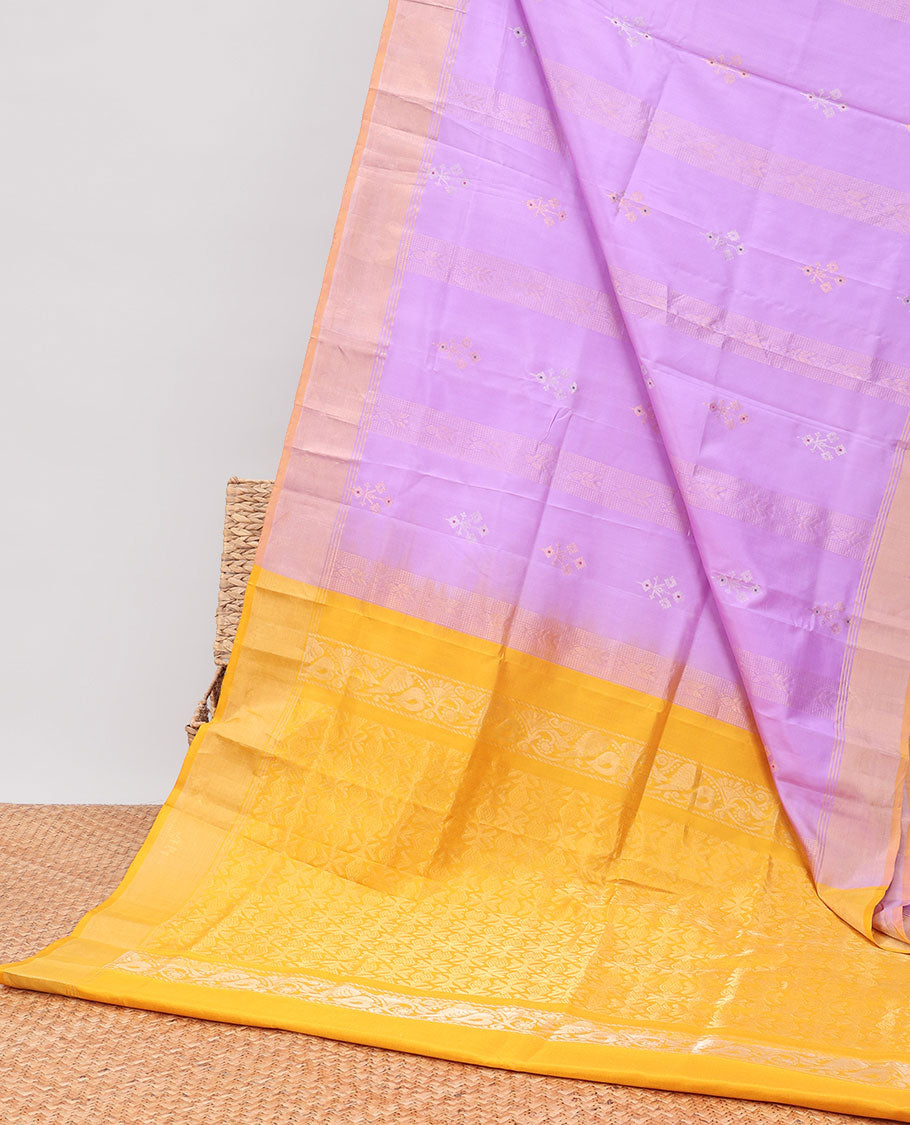 Lavender floral buttas uppada silk saree with contrast zari border & floral zari design pallu