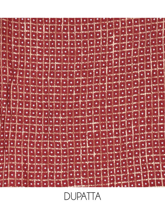 Maroon Vichitra Silk Material Churidar Set, Subtly Made Plain Top, a Plain Santoon Bottom, and Paired with a Vichitra Silk Bandhani Dot Enclosed Checked Dupatta