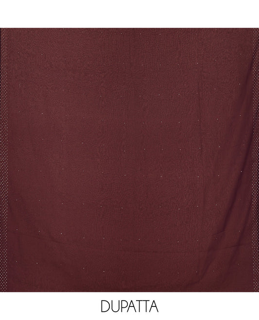 Maroon Material Churidar Set, Spotlighted with Micro-Stone Work on Fox Georgette Top, Comes with a Plain Santoon Bottom, and Is Paired with a Fox Georgette Micro-Stone Work Dupatta