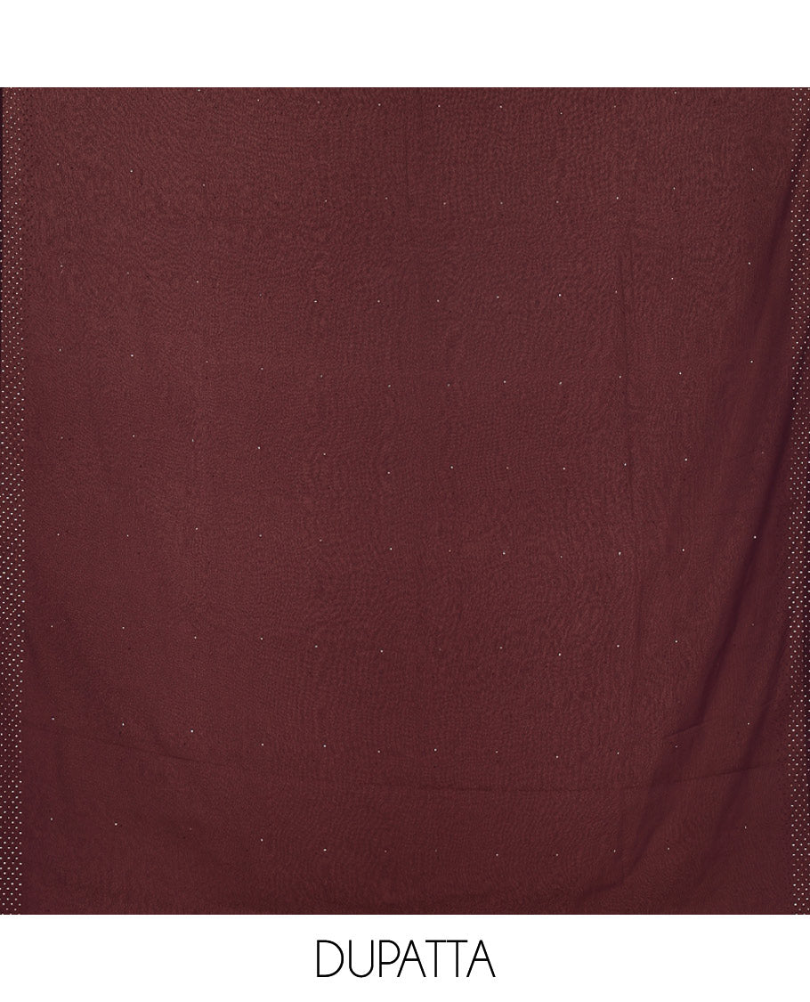 Maroon Material Churidar Set, Spotlighted with Micro-Stone Work on Fox Georgette Top, Comes with a Plain Santoon Bottom, and Is Paired with a Fox Georgette Micro-Stone Work Dupatta