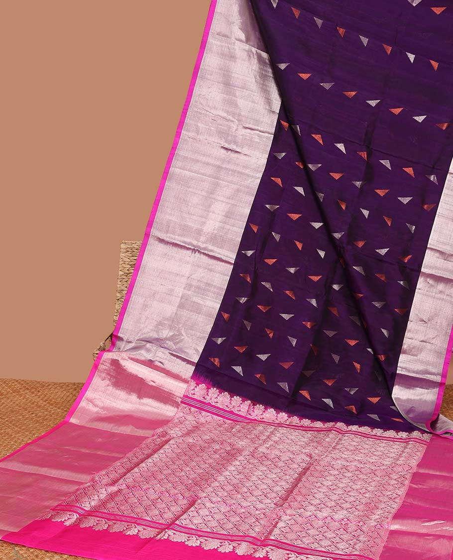Purple tringle motifs vengatagiri pure silk saree , contrast bavanji border & pallu of argyle pattern