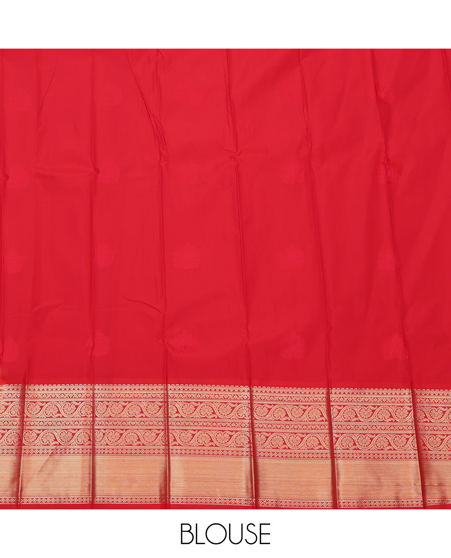 Orange Budget Silk Saree, Mesmerized with Zari Buttas, Complemented by a Contrast Traditional Zari Border, Grand Jaal Pallu, and Contrast Blouse