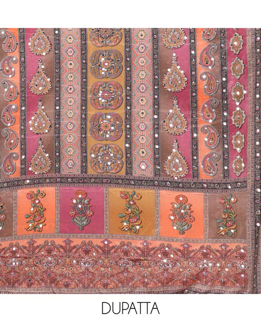 Dark peach shifli sequins work, swarovski stone, moti work georgette chudidhar material top with american crepe pant & chinnon material digital print , mirror work dupatta