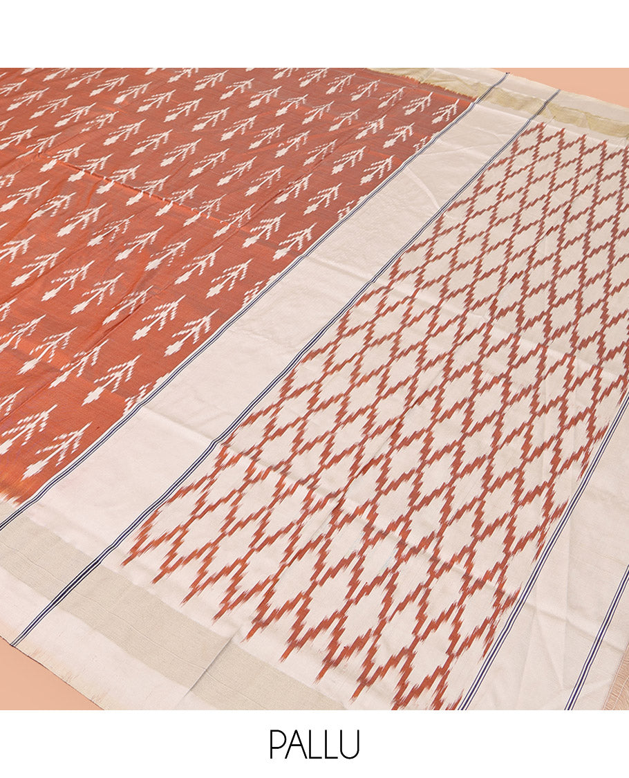 Peach Pochampally Ikat Silk Saree, Subtly Sparkled with Floral Ikkat Buttas on Its Body, Complemented by a Contrast Border, Pallu of Jaal-Pattern in Ikkat Weave, and Paired with a Contrast Blouse