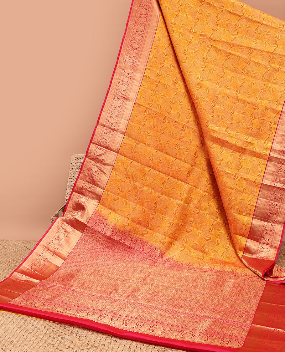 Orange unique zari design kancheepuram silk saree with contrast border of rekku, muthu, kodi visiry design & zari design pallu