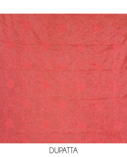 Tomato red churidar material set, floral print with thread outlined organza top, plain santoon bottom, and floral vine sequins embroidered organza dupatta