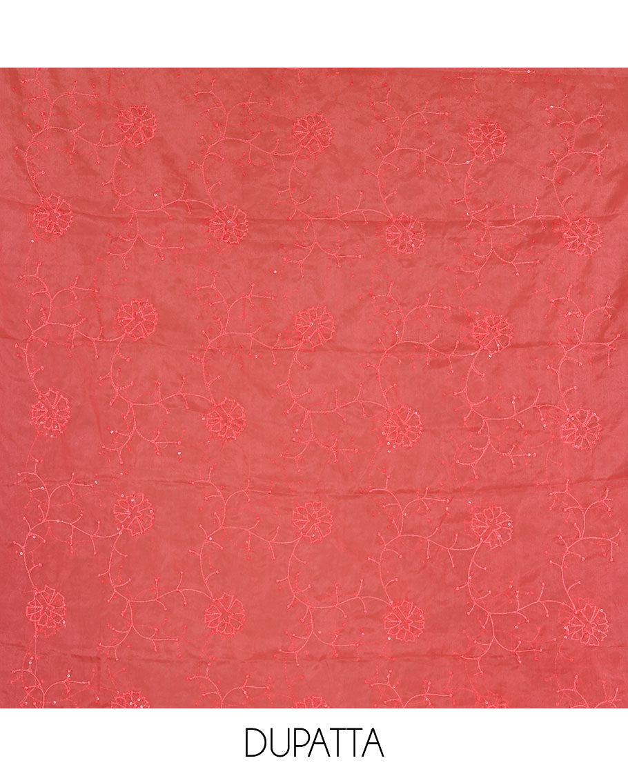 Tomato red churidar material set, floral print with thread outlined organza top, plain santoon bottom, and floral vine sequins embroidered organza dupatta