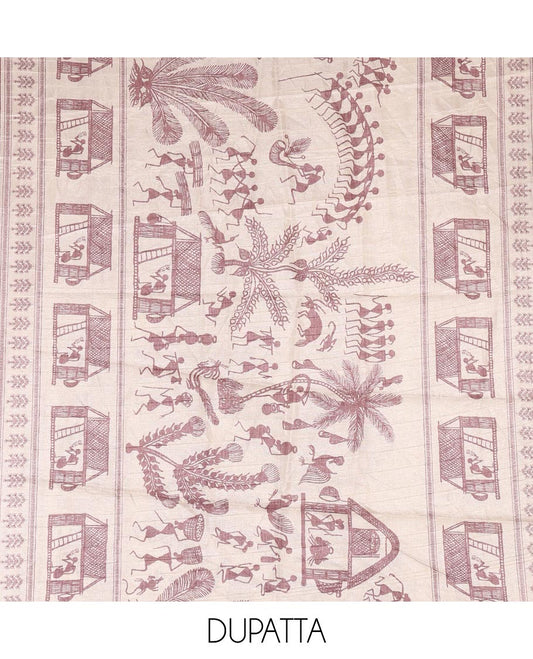 Onion pink material churidar set, warli tribe village theme print with mirror work semi-tussar top, plain bottom, and warli tribe village theme print semi-tussar dupatta