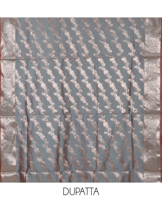 Grey banarasi material chudidar set, zari buttas woven top, plain bottom, and diagonal floral striped taffeta silk dupatta