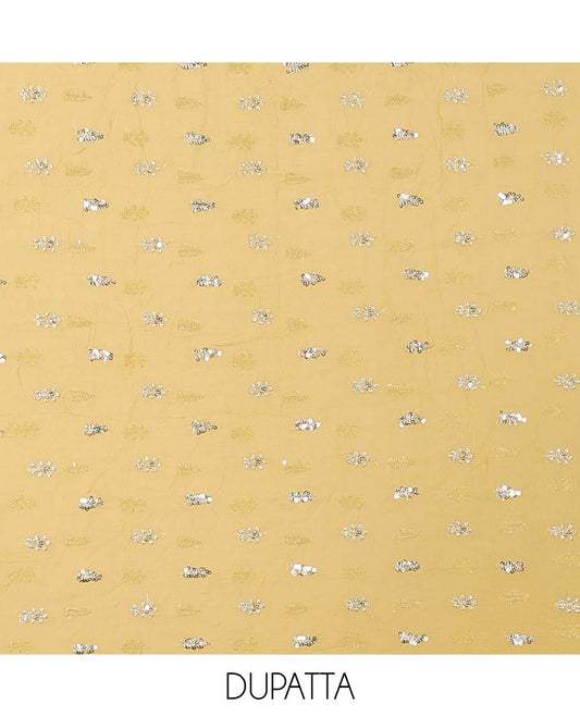 Yellow material chudidhar set, floral print & embroidered top, plain bottom & embroidered dupatta